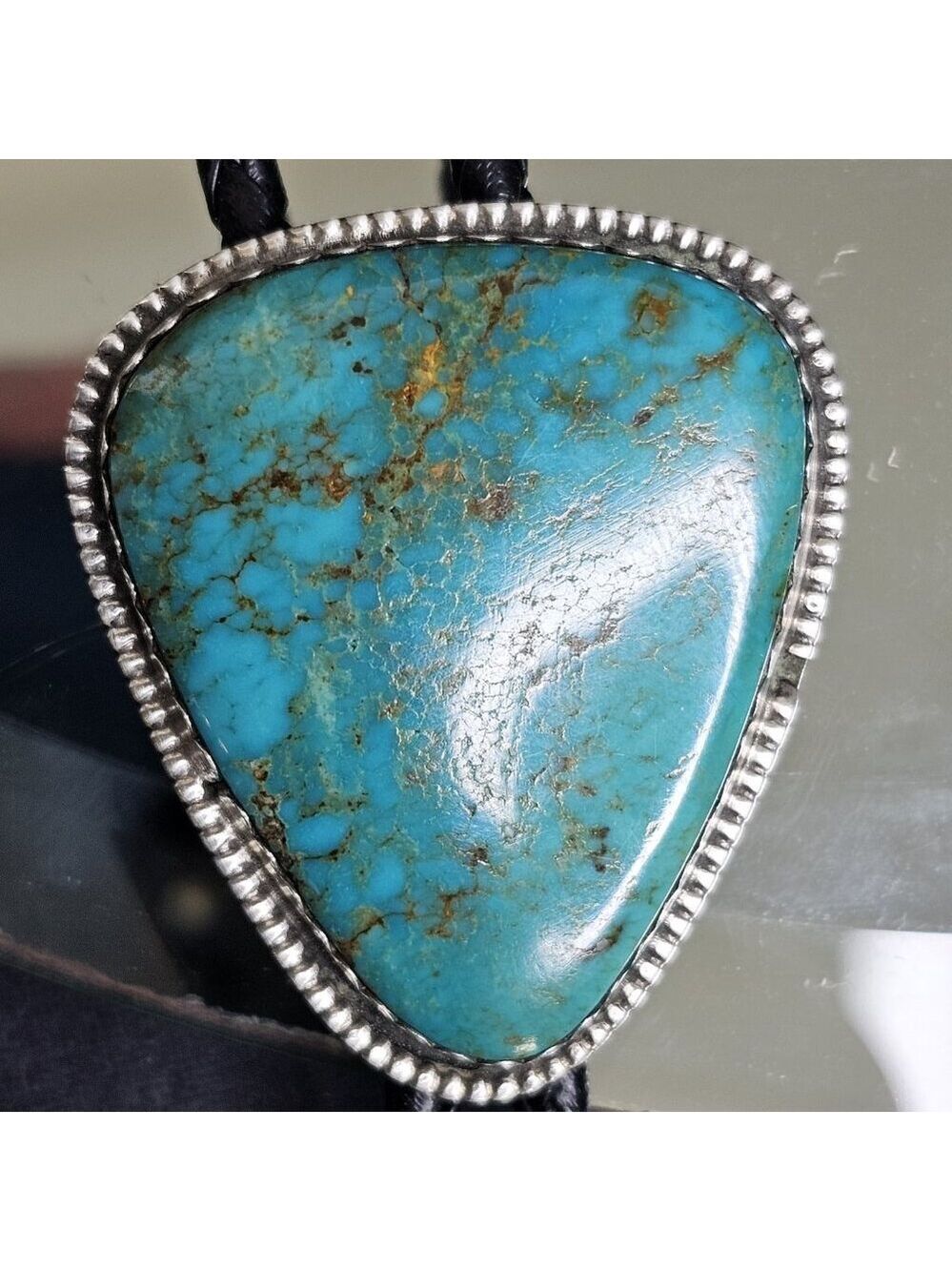 Navajo Turquoise On Silver BOLO Tie Hallmarked K E E with Sterling 925 Tips KEE - Picture 12 of 16